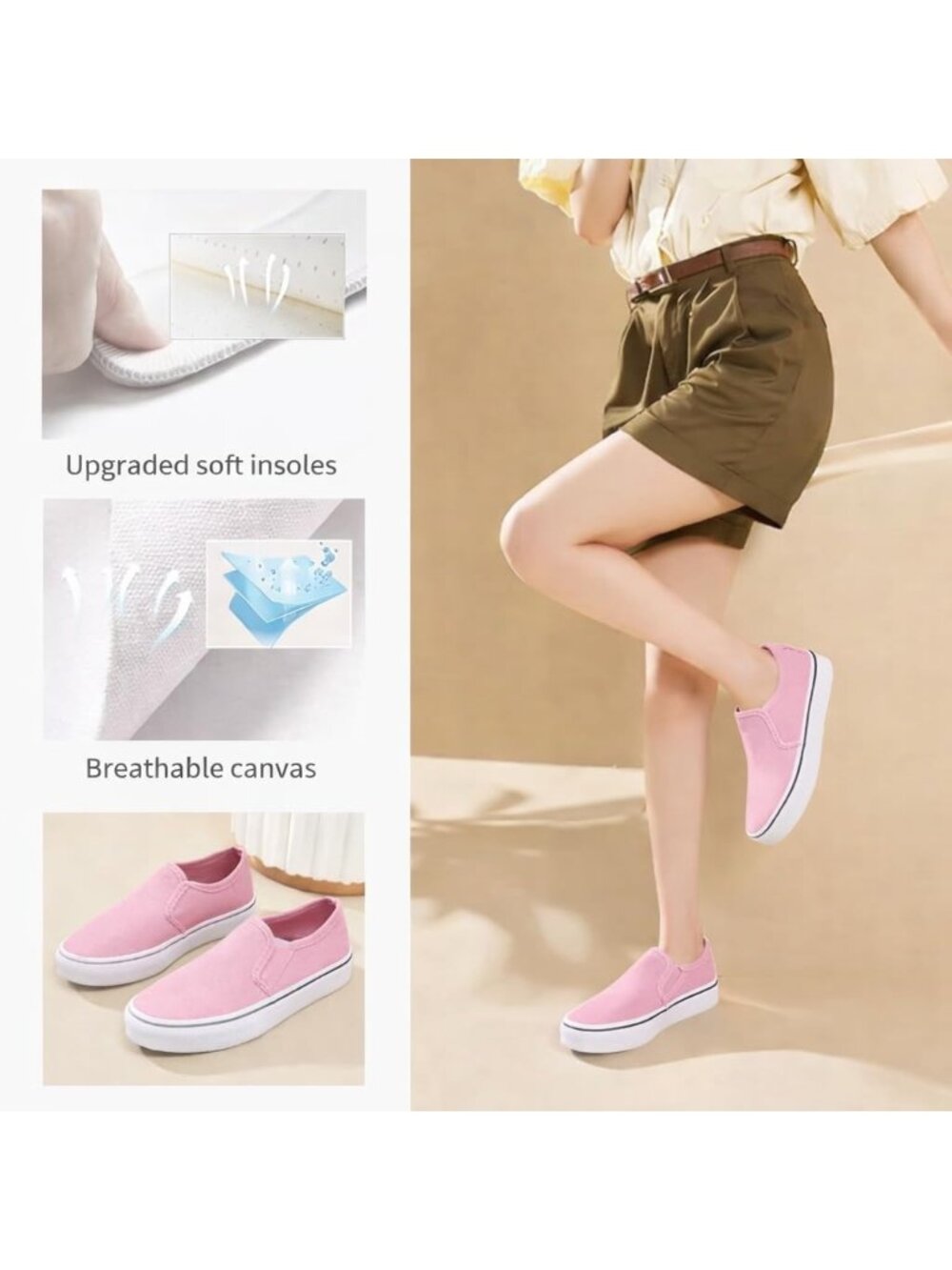 Women's Light Pink Round Toe Padded Insole Collar Canvas Slip On Sneaker Shoes - Picture 5 of 7